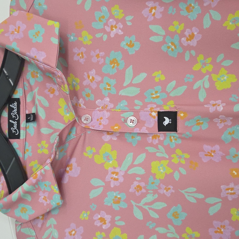 Bad Birdie Men's Golf Polo In Excellent Condition. Nice Pink Floral Pattern. - Picture 2 of 7